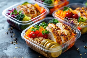 Colorful lunch boxes filled with nutritious meals for the week, including grilled chicken, quinoa salad, and steamed vegetables