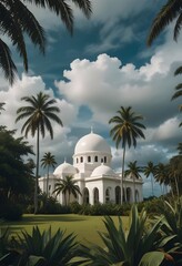 A tropical landscape with a large white domed building surrounded by palm trees against a cloudy sky
