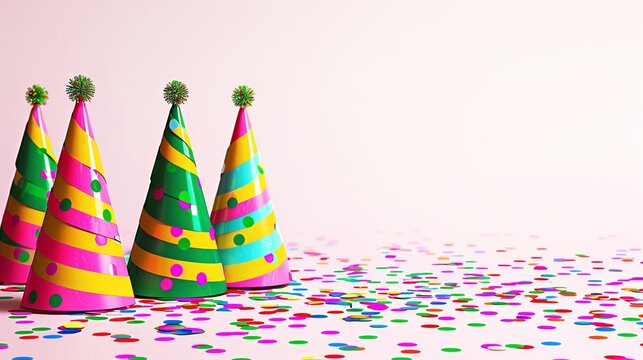 Festive scene, party hats and colorful confetti, flat design illustration