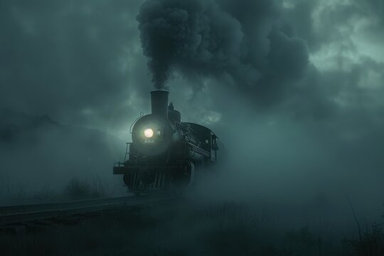 Ghostly steam train materializing from dense fog, creating an eerie and haunting atmosphere perfect for Halloween-themed designs, evoking mystery and spooky allure in the scene