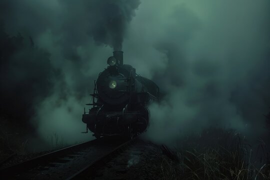 Ghostly steam train materializing from dense fog, creating an eerie and haunting atmosphere perfect for Halloween-themed designs, evoking mystery and spooky allure in the scene
