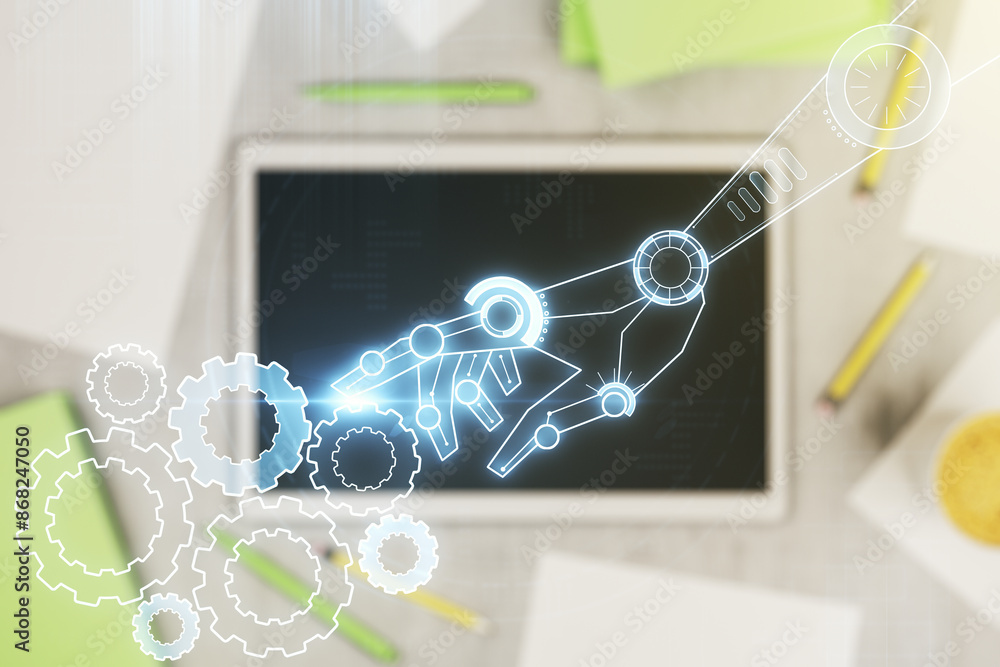 Aufkleber Creative concept of robotics technology and modern digital tablet on background, top view. Robot development and automation concept. Multiexposure