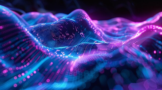Abstract flowing wave of binary code particles. Concept of big data, technology, digital world, and cybersecurity.
