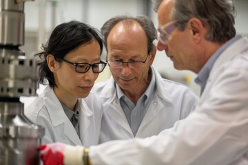 Fototapeta premium A team of scientists discussing the advancements in superconductivity technology used in nuclear fusion, focusing on its role in maintaining magnetic confinement