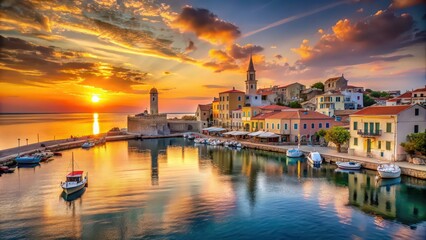 Fototapeta premium Sunset over a picturesque harbor town with ancient architecture, sunset, harbor, town, old, building, architecture, scenic