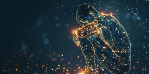 Representation of fibromyalgia: A person experiencing widespread pain and fatigue, depicted as glowing points, raising awareness about chronic pain, fibromyalgia symptoms, and invisible illnesses