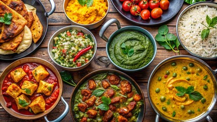 Vibrant collage of assorted Indian dishes including chicken, Palak Paneer, Chicken Tikka, Biryani, Vegetable Curry, Papad, Dal, and more.