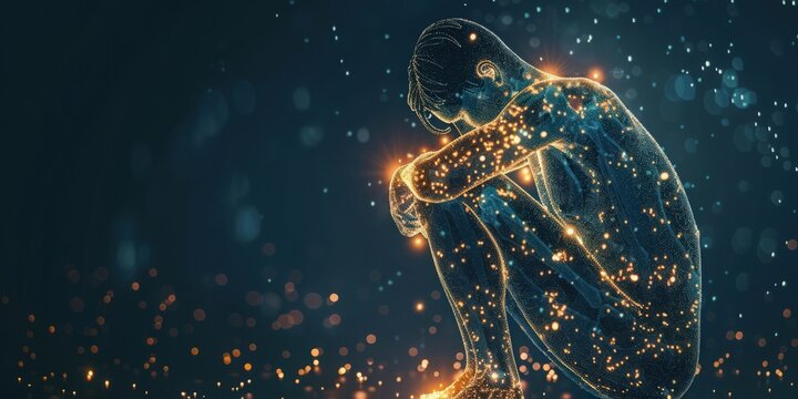 Representation of fibromyalgia: A person experiencing widespread pain and fatigue, depicted as glowing points, raising awareness about chronic pain, fibromyalgia symptoms, and invisible illnesses