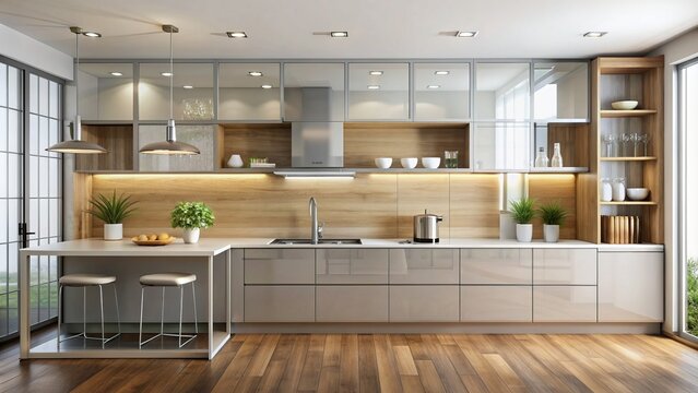 Modern minimalist kitchen set with empty transparent backwall, countertop, and upper cabinets, ready for custom image or print insertion.