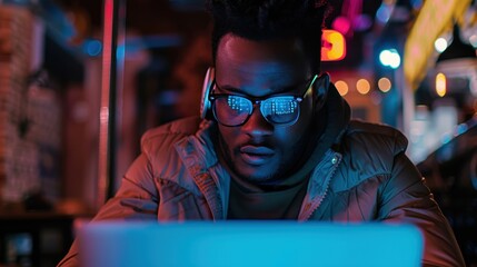 Fototapeta premium Man using a laptop at night