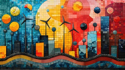 Obraz premium A vibrant mosaic of abstract shapes and patterns representing renewable energy sources: wind turbines, solar panels, and hydropower.