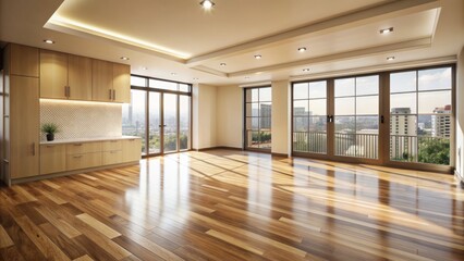 Obraz premium Modern empty interior room apartment with cream walls, wooden floor, and large windows, featuring a minimalist decor, in 3D rendering.