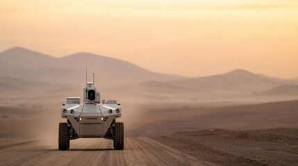 An unmanned combat vehicle patrols a deserted battlefield with AI-driven surveillance, showcasing futuristic military technology and autonomous warfare capabilities.
