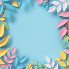 Colorful paper leaves frame on blue background, Spring or summer backdrop, Creative design with copy space for text or product display