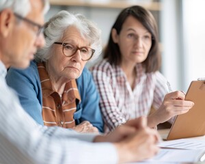 A family gathered around a table discussing financial issues while an elderly person looks on suggesting the burden of financial support on families with impoverished seniors
