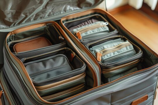 Sleek packing cubes neatly organizing travel essentials in a suitcase, ensuring efficient packing and stylish organization for seamless travel 
