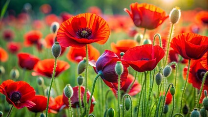Vibrant red and black poppy flowers in sharp focus, swaying gently amidst lush green foliage in a serene spring field.