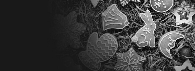 Christmas Cookies. Handmade Gift. Ney Year Concept. Top View. Panoramic Photo. Black and white