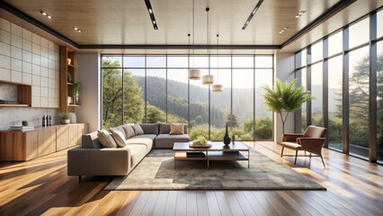 Fototapeta premium Minimally furnished modern interior room with sleek lines, sparse decor, and abundance of natural light pouring through large windows.