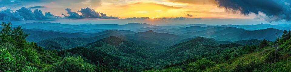 Fototapeta premium Panoramic Mountains. Blue Ridge Sunset Scenery in North Carolina's Summer Landscape