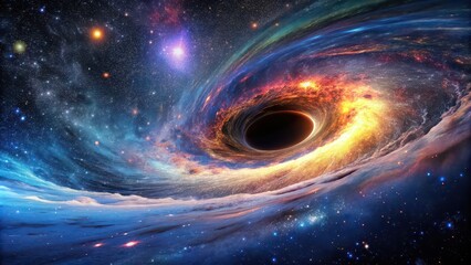Black hole swirling in space with distant galaxies in background, space, galaxy, black hole, universe, astronomy