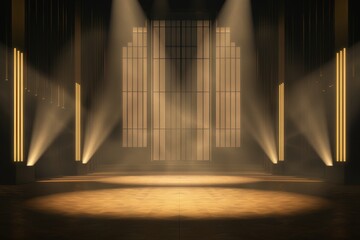 A Jazz Age Glamour themed night club stage in 3D, with soft spotlighting and golden hues that reminisce the roaring twenties elegance