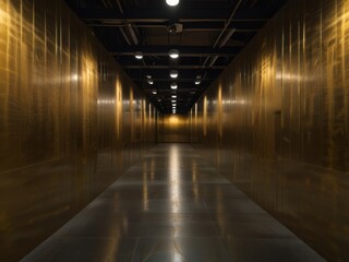 Fototapeta premium Golden Corridor: A solitary figure walks through an opulent hallway adorned with illuminated metallic panels. The polished floor reflects the intricate ceiling lights
