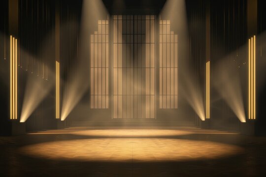 A Jazz Age Glamour themed night club stage in 3D, with soft spotlighting and golden hues that reminisce the roaring twenties elegance