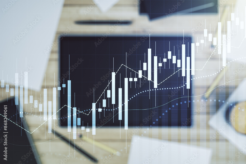 Aufkleber multi exposure of abstract creative financial chart and digital tablet on background, top view, rese