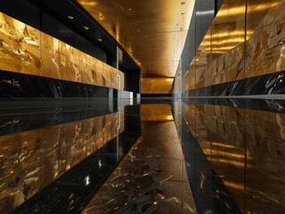 Golden Corridor: A solitary figure walks through an opulent hallway adorned with illuminated metallic panels. The polished floor reflects the intricate ceiling lights