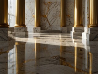 Golden Corridor: A solitary figure walks through an opulent hallway adorned with illuminated metallic panels. The polished floor reflects the intricate ceiling lights