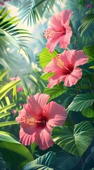 Fototapeta premium Captivating Pink Hibiscus Blossoms in Lush Tropical Setting with Telephoto Compression