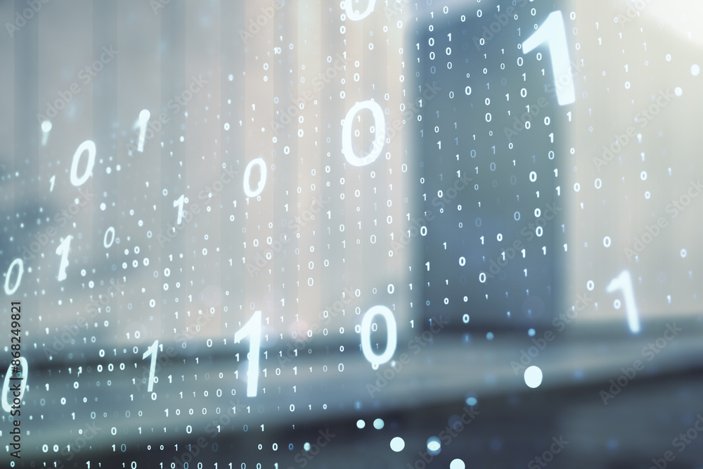 Leinwandbilder double exposure of abstract virtual binary code hologram on modern business center exterior backgrou