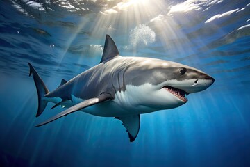 Fototapeta premium great white shark swimming underwater with sunlight filtering through surface above aquatic animal