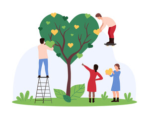 Nature care, environmental protection teamwork by volunteers. Tiny people grow stylized cute tree with heart shape and fruits together, characters protect environment cartoon vector illustration