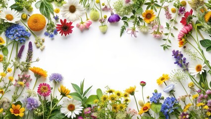 Floral border with a variety of wild flowers and herbs, wildflowers, herbs, botanical, nature, border, design, colorful