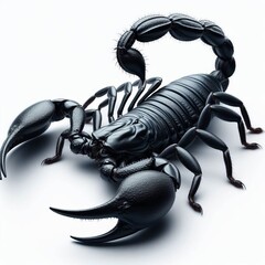 A menacing black scorpion isolated white background curves its venomous tail ready to strike