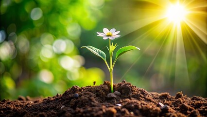 Germinating seedling grows into sprout with roots and tiny leaves, progressing to mature plant with blooming flowers and foliage.