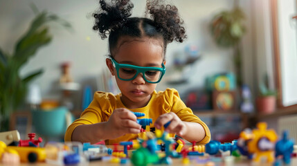 A little girl experimenting with STEM (Science, Technology, Engineering, and Mathematics) toys and kits, digital native, Gen Alpha