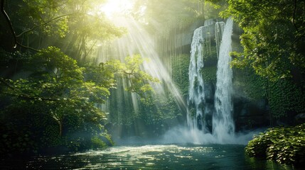 A waterfall in a dense forest, with sunlight filtering through the trees and illuminating the water