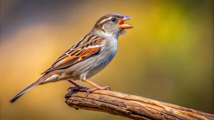 Fototapeta premium A solitary female house sparrow songbird perches on a weathered brown wooden tree branch, singing sweet melodies in isolation.