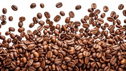 Obraz premium Scattered brown coffee beans cascade downwards in a random pattern against a pristine white or transparent background.