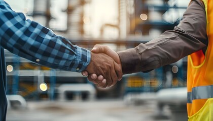 A handshake between two men with an industrial plant background