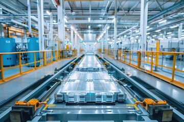 Fototapeta premium Advanced technologies in lithium battery production underscore the role of sustainable energy solutions in modern manufacturing. Concept Lithium Battery Production, Cutting-Edge Machinery, Modern Plan