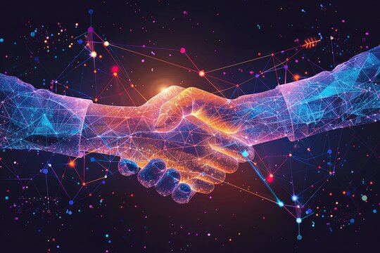Digital handshake on futuristic background, symbolizing global business partnerships, technology, and innovation.
