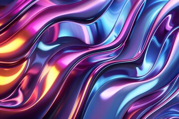 Obraz premium Abstract background of iridescent holographic wavy chrome surface. Colorful fluid texture. Liquid metallic foil with multi colored reflections. 3D rendering illustration.