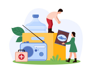 Preparedness for natural disasters, collection of survival kit items. Tiny people collect canned food and bottle of water drink, first aid box and necessary equipment cartoon vector illustration