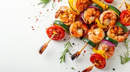 Skewers of grilled shrimp and vegetables, light and flavorful BBQ option, isolated on white background, copy space