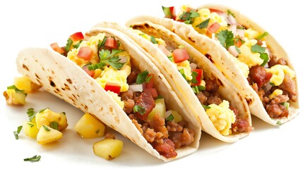 Breakfast tacos with scrambled eggs, chorizo, and potatoes, hearty morning meal, isolated on white background, copy space