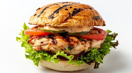 Chicken burger with grilled chicken breast, lettuce, tomato, and mayo, light and tasty, isolated on white background, copy space